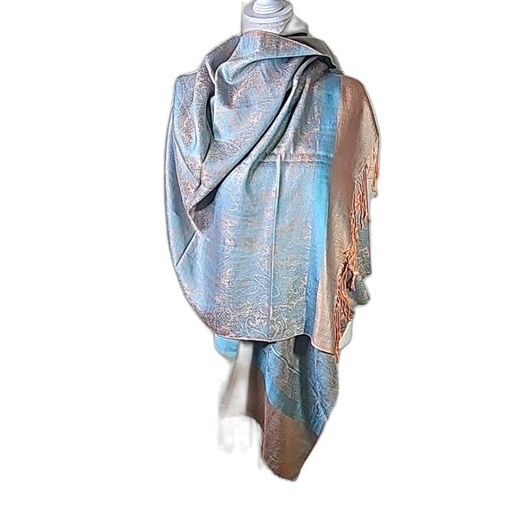 Pashmina Wrap 30 Percent Silk 70 Per. Pashmina Light Blue Light Orange Fringed - Picture 1 of 4